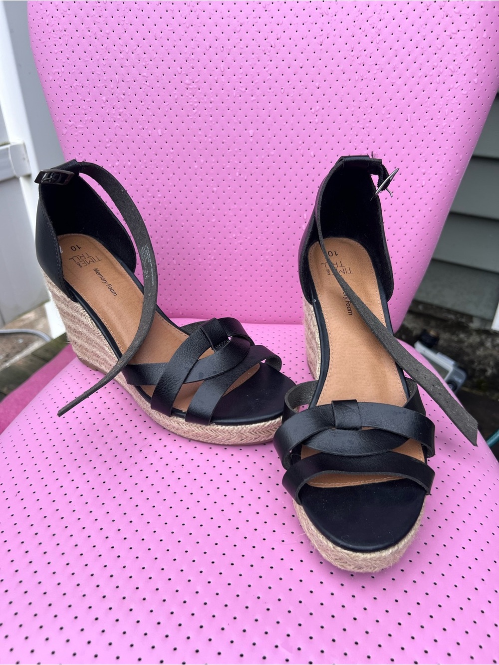 Time and Tru Black Memory Foam Espadrille Wedge Sandals Size 10